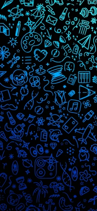 Symmetrical Electric Blue Pattern with Diverse Icons on a Black Background