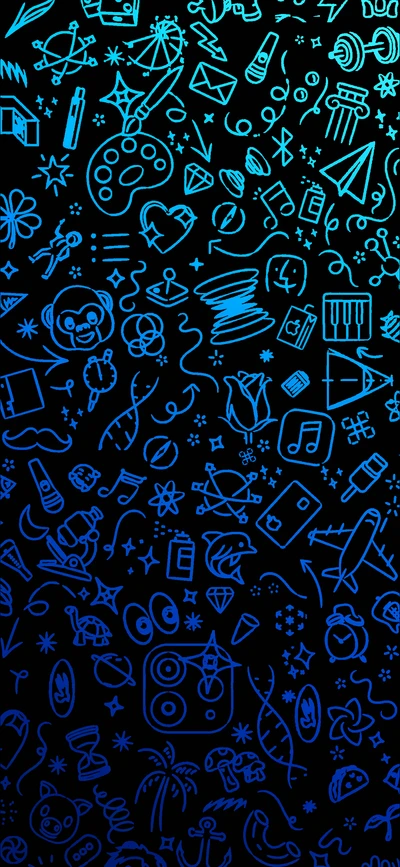 Symmetrical Electric Blue Pattern with Diverse Icons on a Black Background