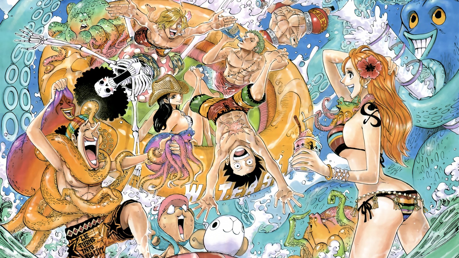 Un grupo de personajes de dibujos animados en el agua con uno de ellos sosteniendo un salvavidas (one piece, anime, piratas de sombrero de paja, usopp, arroyo)