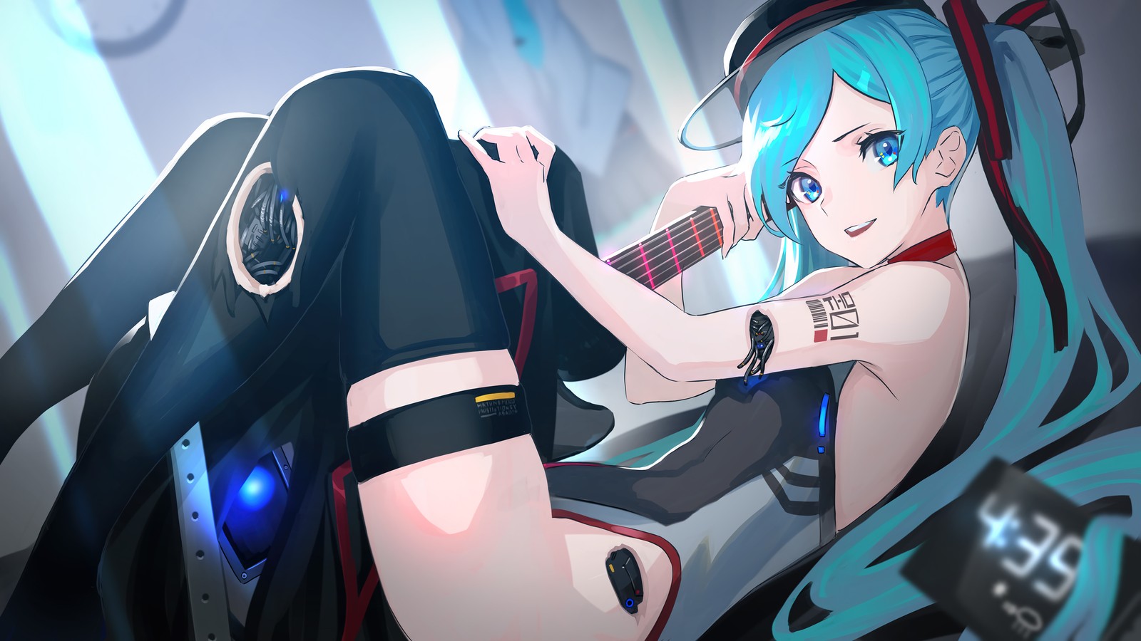 Un primer plano de una persona con una guitarra en una habitación (hatsune, miku, vocaloid, niñas de anime, anime)