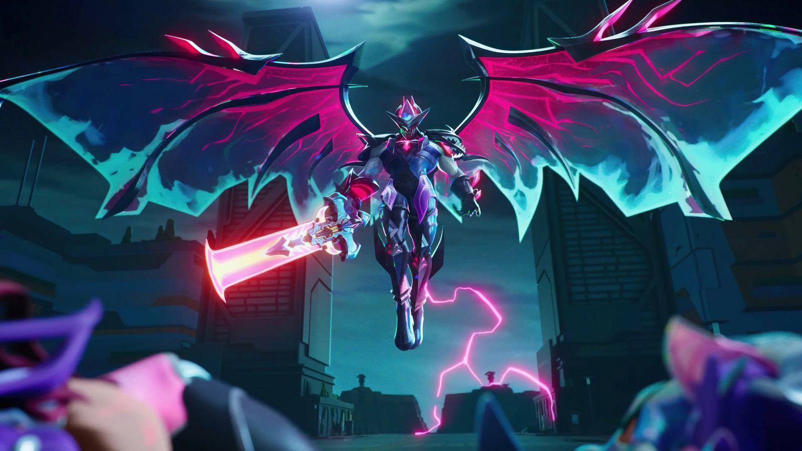 Una captura de pantalla de un dragón con una espada en una habitación oscura (aatrox, alas, primodian, escuadrón anima, league of legends)