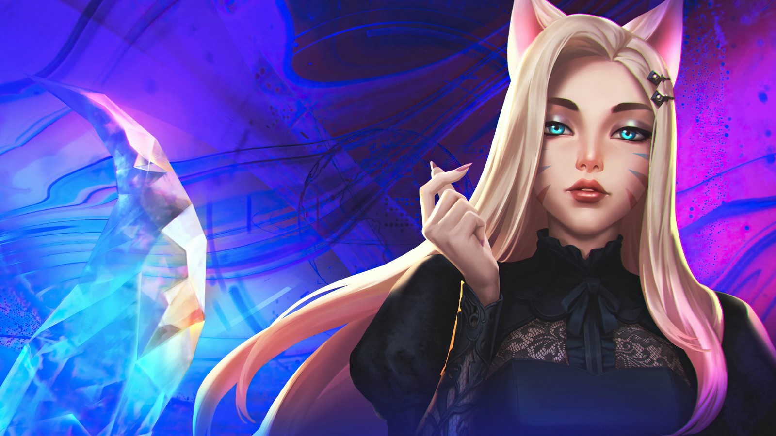 Une femme aux longs cheveux blonds et aux yeux bleus dans une robe noire (ahri, kda, le plus mauvais, lol, league of legends)