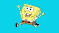 SpongeBob SquarePants heureux sur un fond cyan