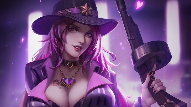 Женщина в шляпе держит меч и фиолетовый топ (мисс фортуна, miss fortune, мафия, lol, league of legends)