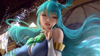 Aqua aus "KonoSuba" posiert verspielt und strahlt Charme und Schalkheit in einer lebhaften Anime-Umgebung aus.