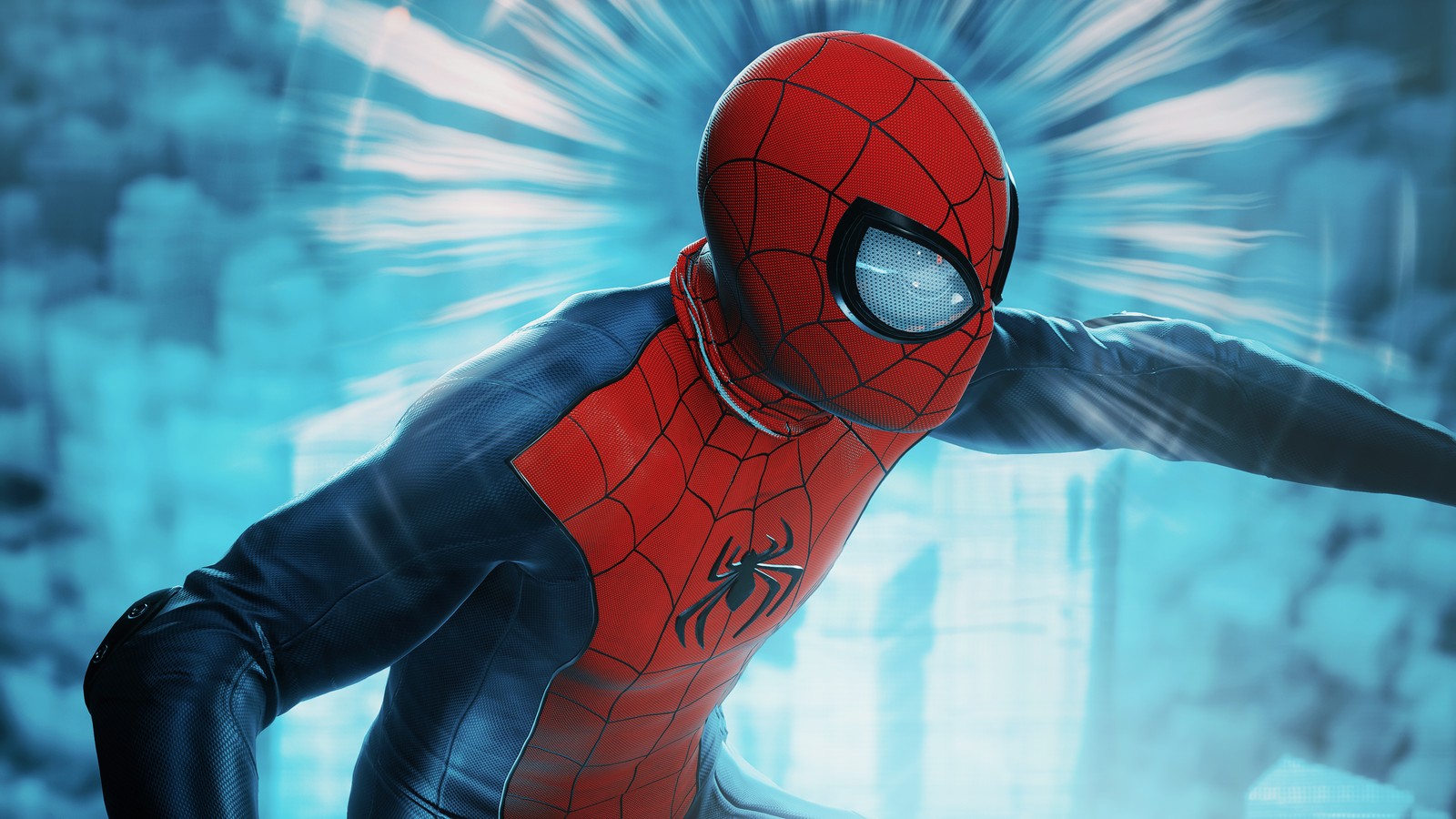 Spider-man dans un costume avec un fond bleu (marvels spider man remastered, gameplay, spiderman, jeux, fond décran 4k)