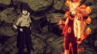 Sasuke Uchiha e Naruto Uzumaki em um intenso confronto, exibindo seus poderes icônicos.