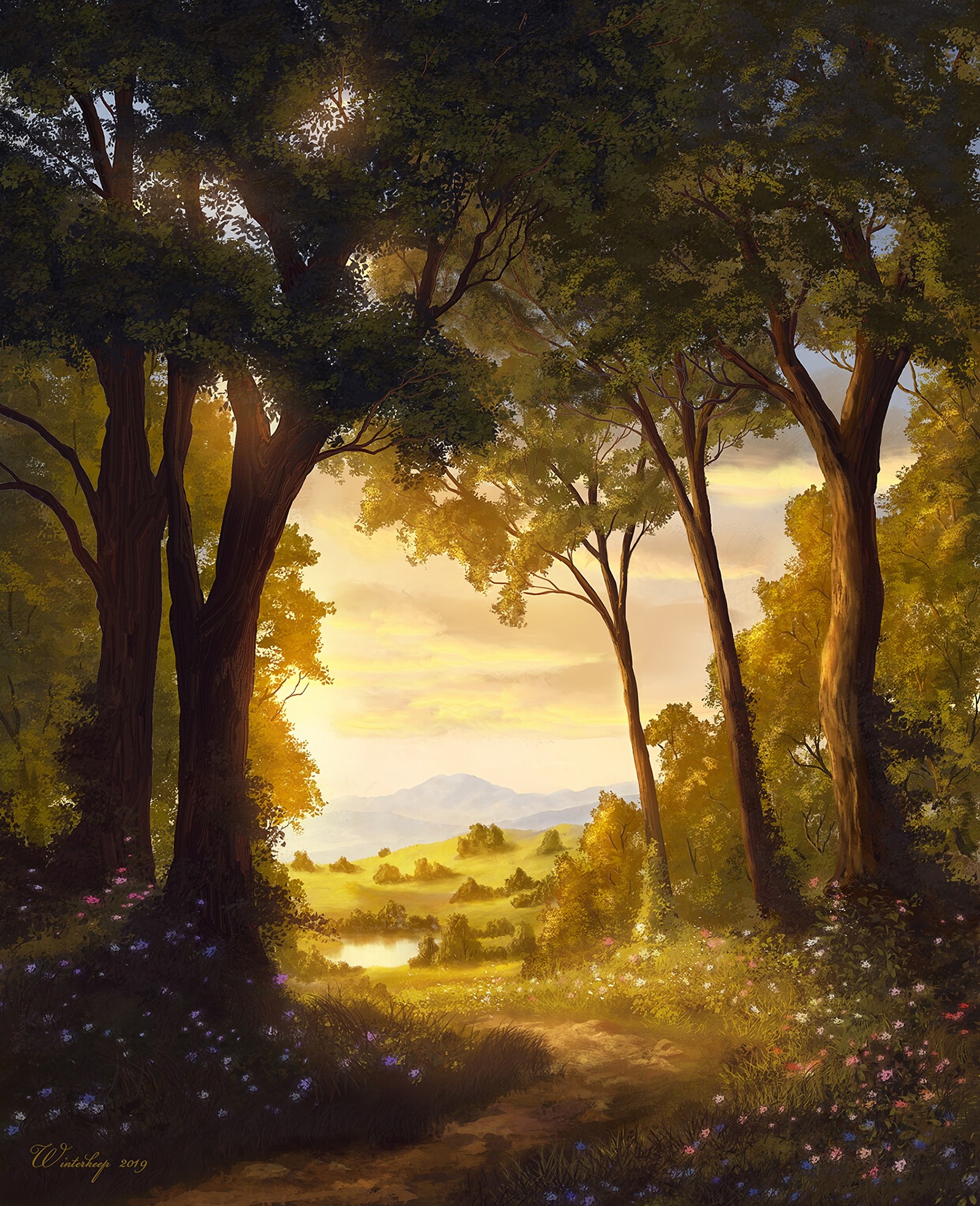 Peinture d'un chemin à travers la forêt avec un coucher de soleil en arrière-plan (paysage naturel, nature, arbre, peinture, ensoleillement)