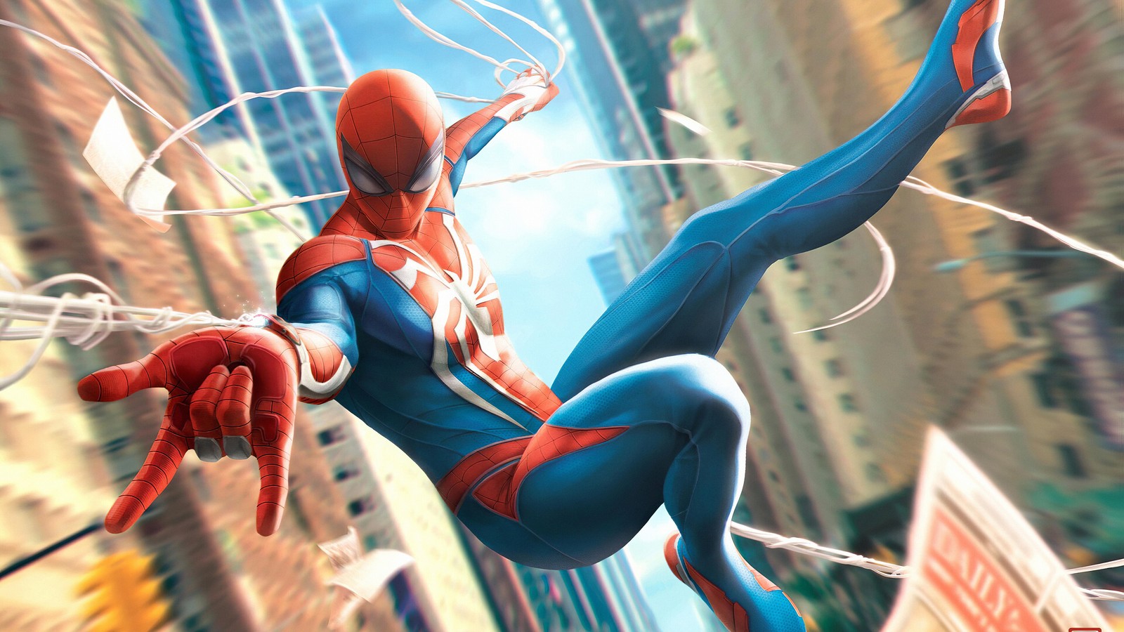 Spider-man en costume bleu volant dans les airs (spider man, bandes dessinées, marvel comics)