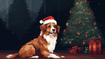 Festlicher Hund am Weihnachtsbaum