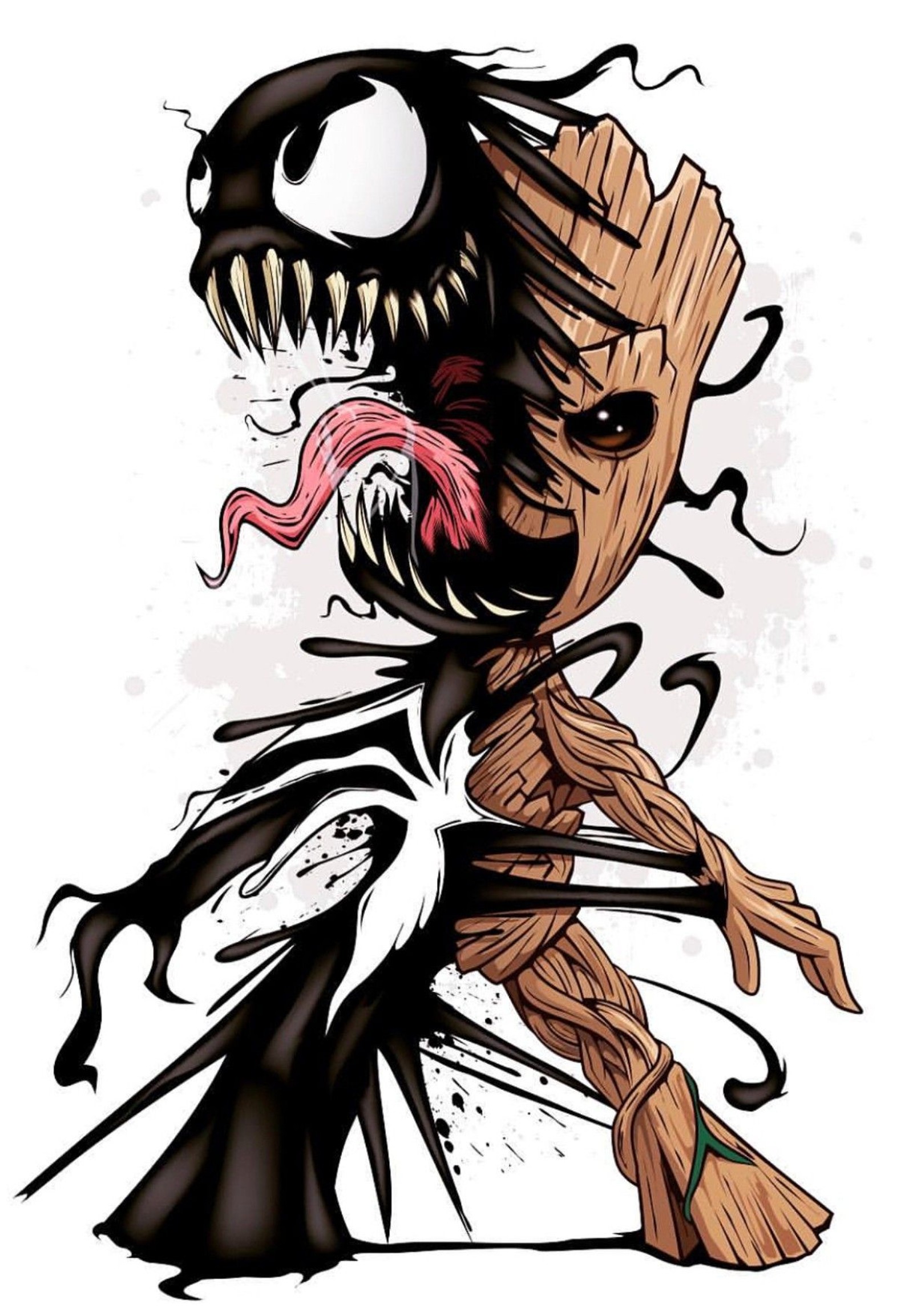 Un dessin d'un personnage de dessin animé avec un visage effrayant et un grand sourire (groot, combined)