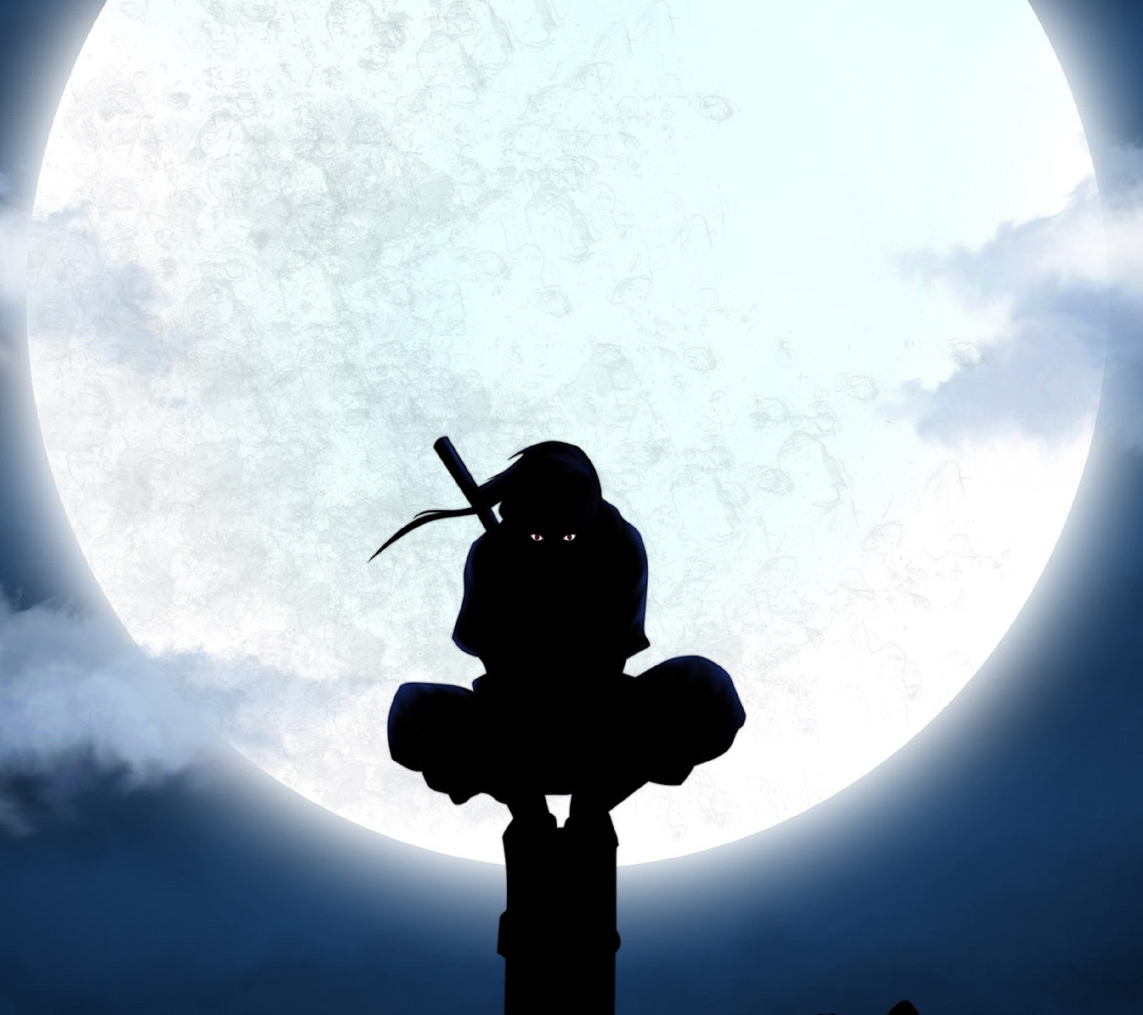 La silhouette d'une personne avec une épée sur un poteau (itachi, naruto, naruto shippuden, uchiha)