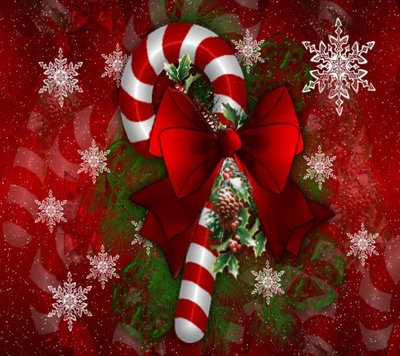 A festive candy cane adorned with a red bow, surrounded by holly and snowflakes against a vibrant red background, celebrating the joy of Christmas.