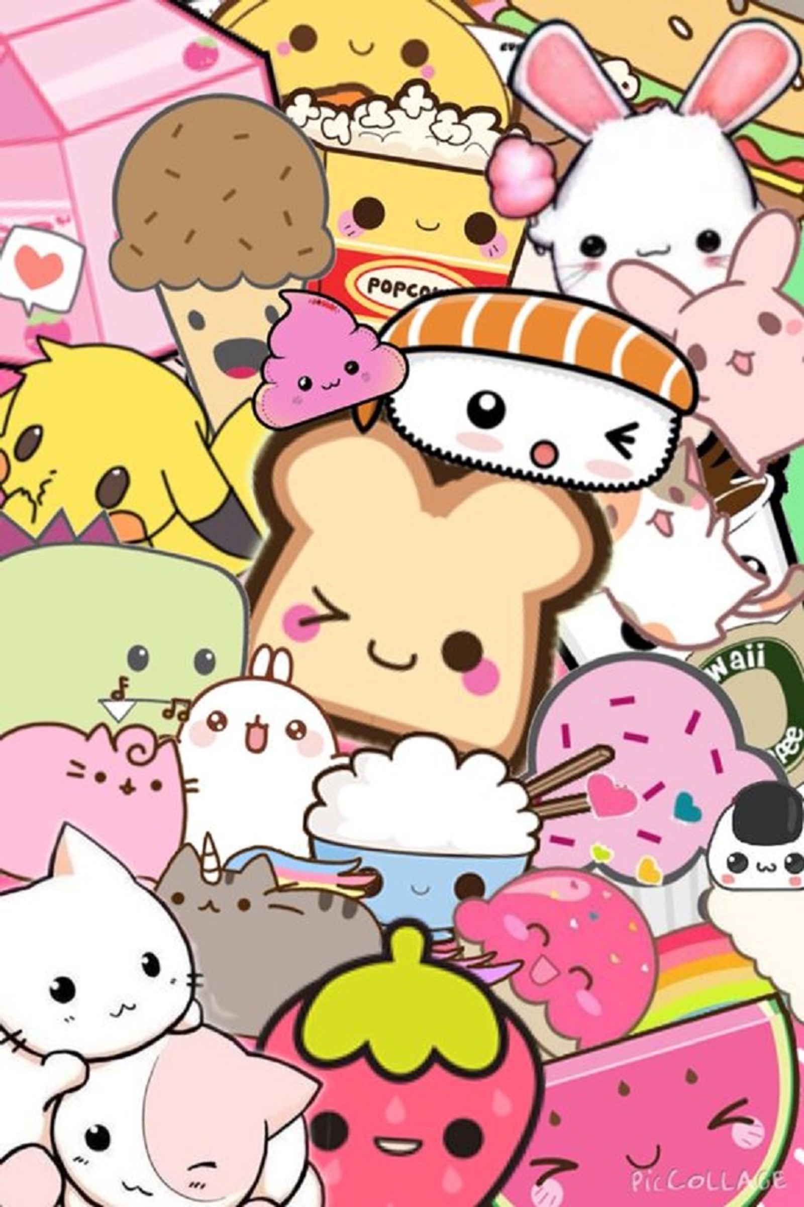 Primer plano de un grupo de animales de dibujos animados comiendo comida (artículos, kawaii)