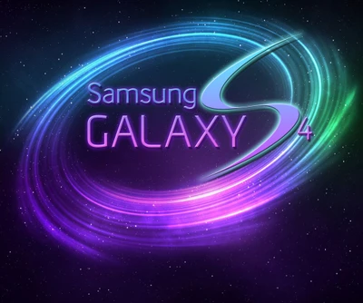 Logo Samsung Galaxy S4 avec des effets de tourbillon colorés sur un fond étoilé