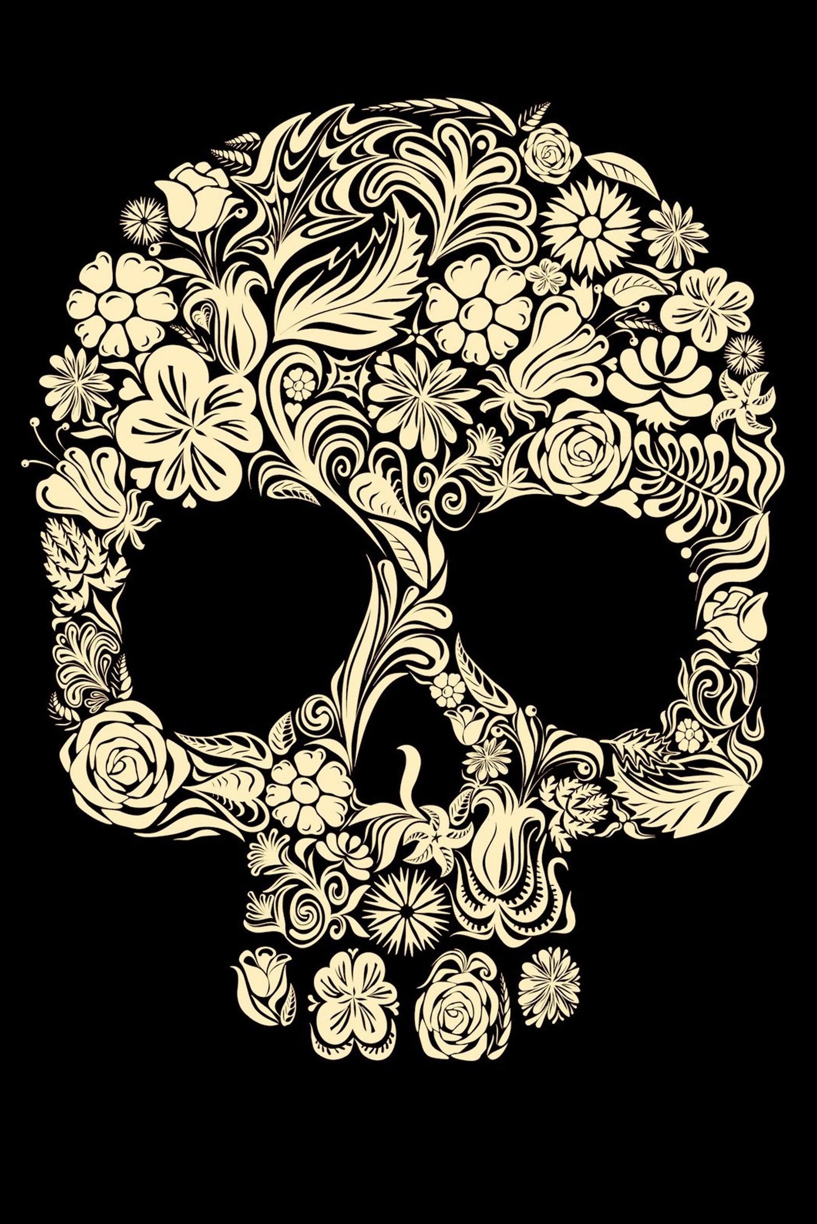 Un cráneo con ornamento floral y hojas sobre un fondo negro (r esqueleto, skeleton p)