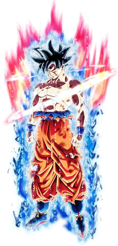 Goku em uma transformação poderosa cercado por chamas de energia vibrantes.