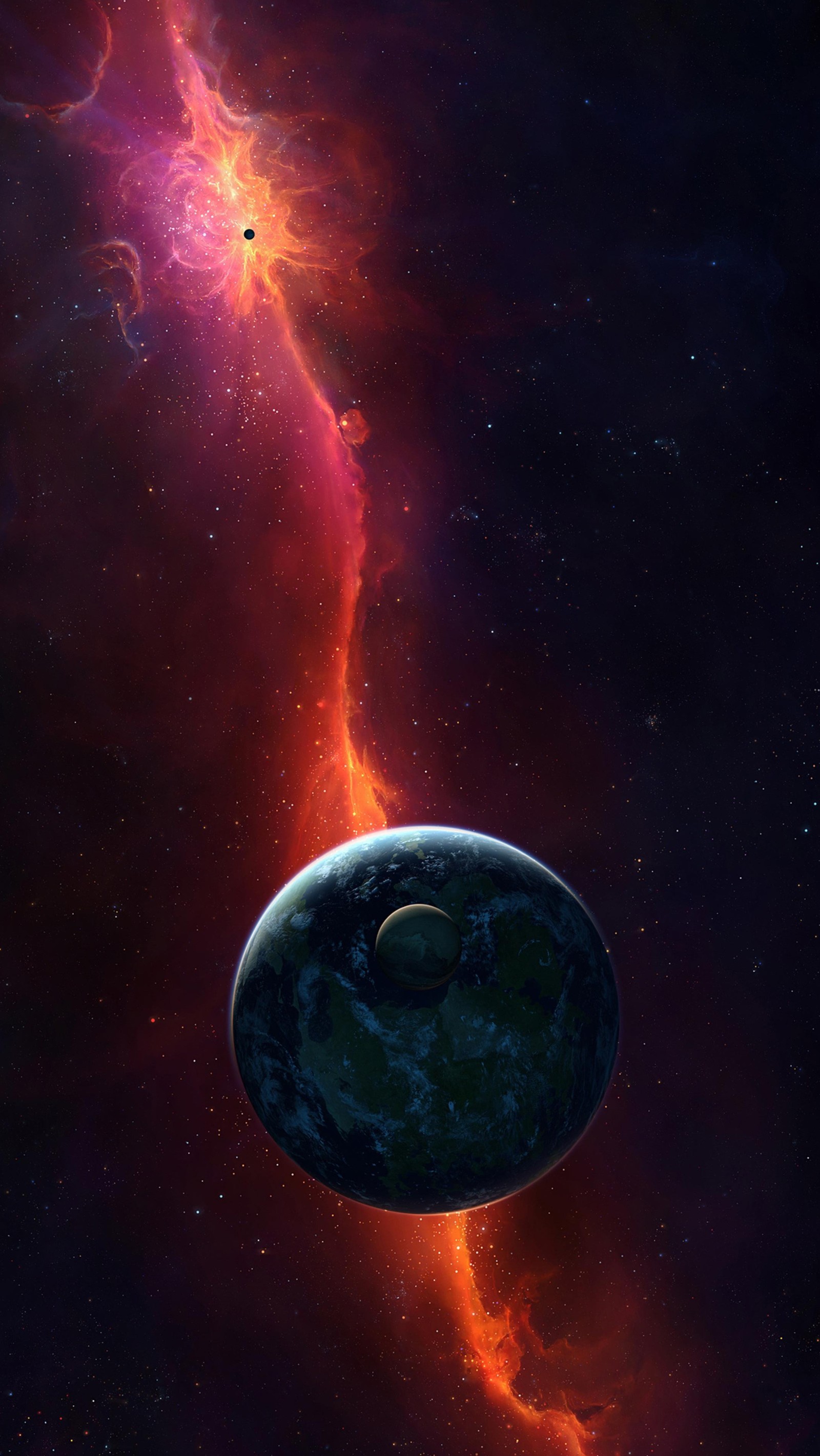 There is a space scene with a planet and a star in the background (nebula, planet, red, sci fi, space)