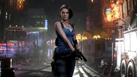 Jill Valentine dans une Raccoon City en feu pendant le remake de Resident Evil 3