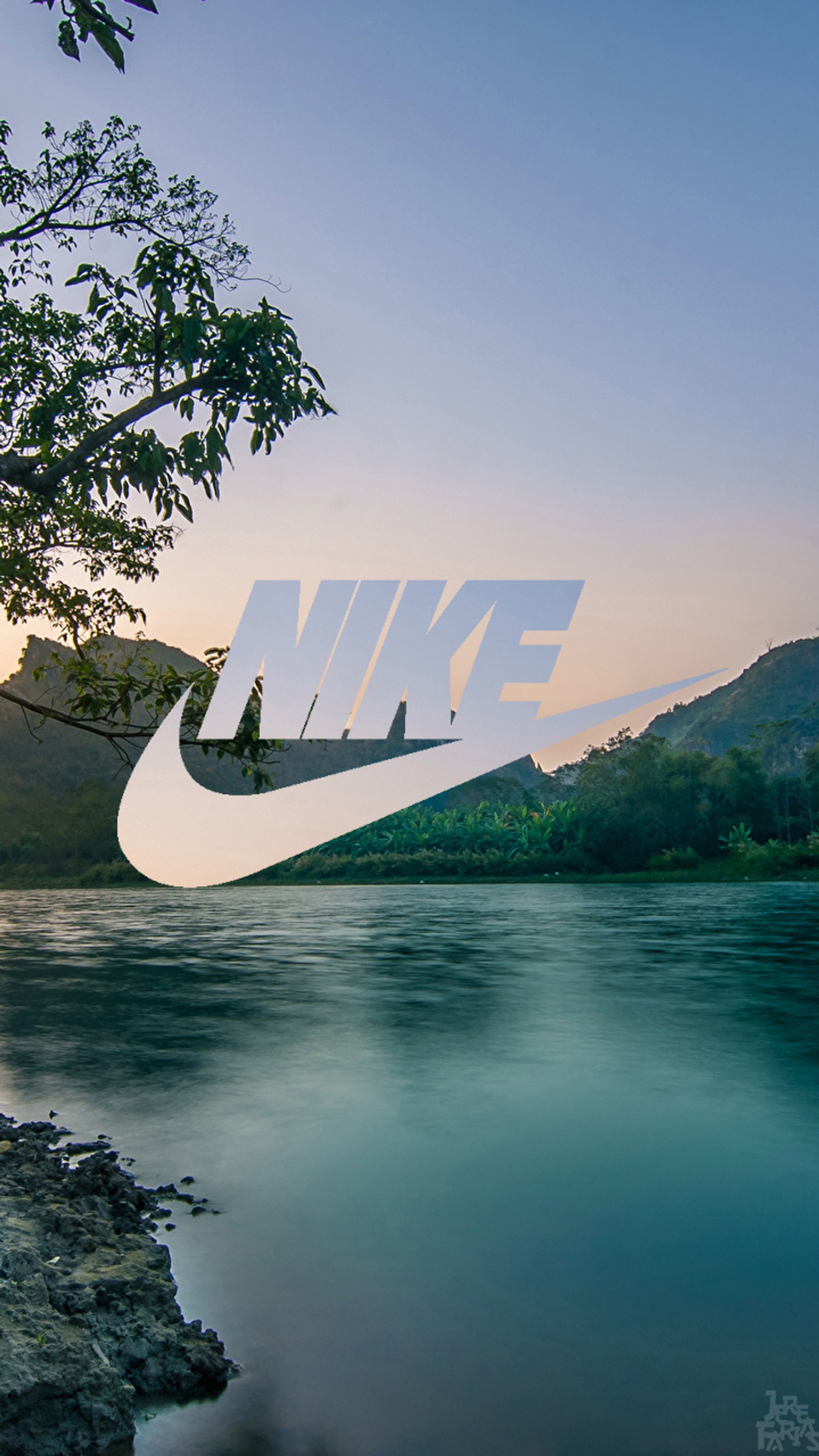 Nike-logo über einem fluss mit einem berg im hintergrund (nike, landschaft, rosa, gelb)