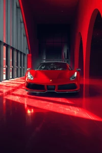 Elegantes rotes Sportauto in einem mutigen roten architektonischen Raum