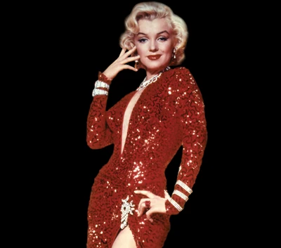 Marilyn Monroe dans une robe glamour rouge à sequins, dégageant élégance et charisme.