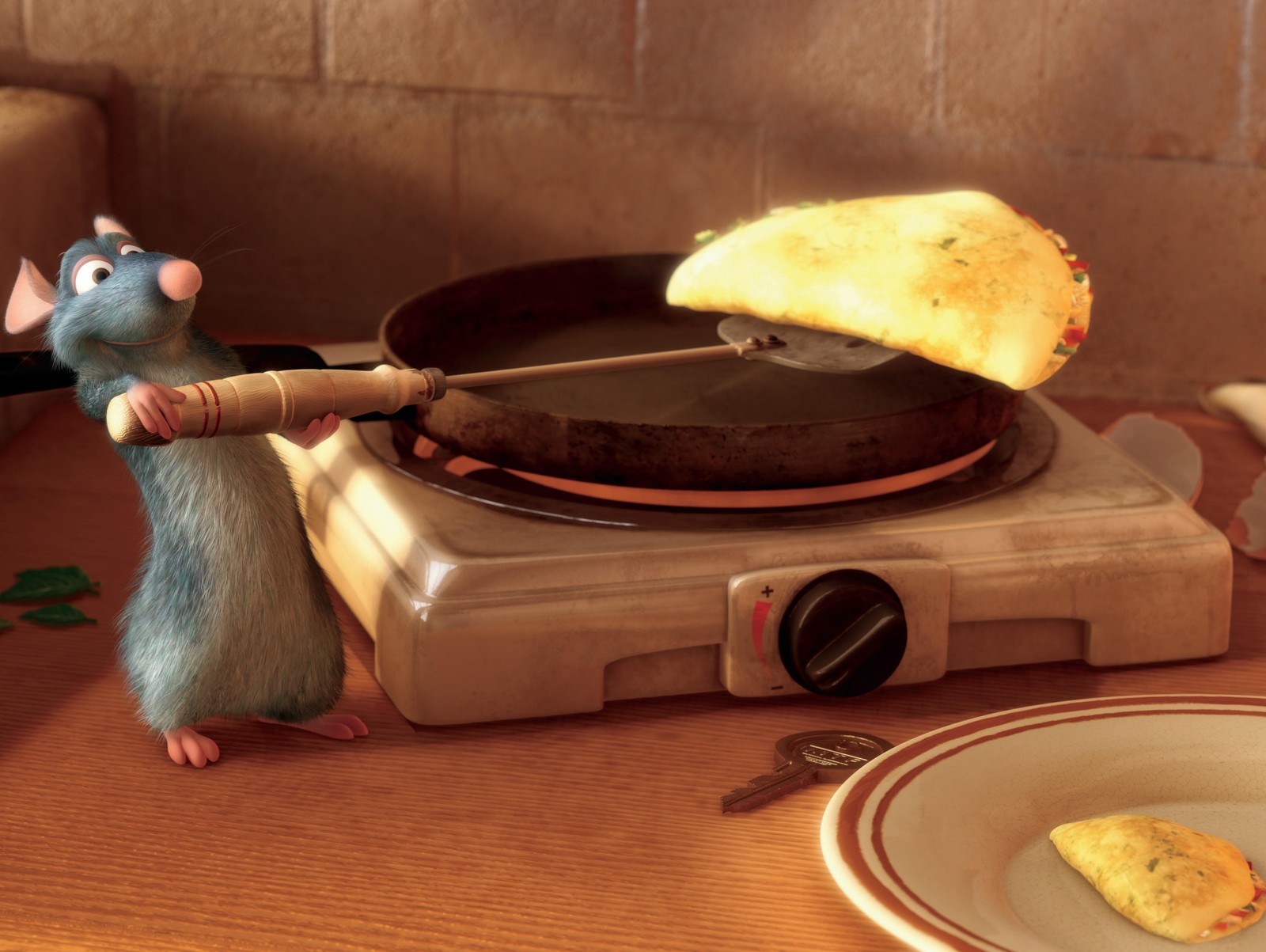 Hay un ratón cocinando comida en una estufa (dibujos animados, ratatouille)