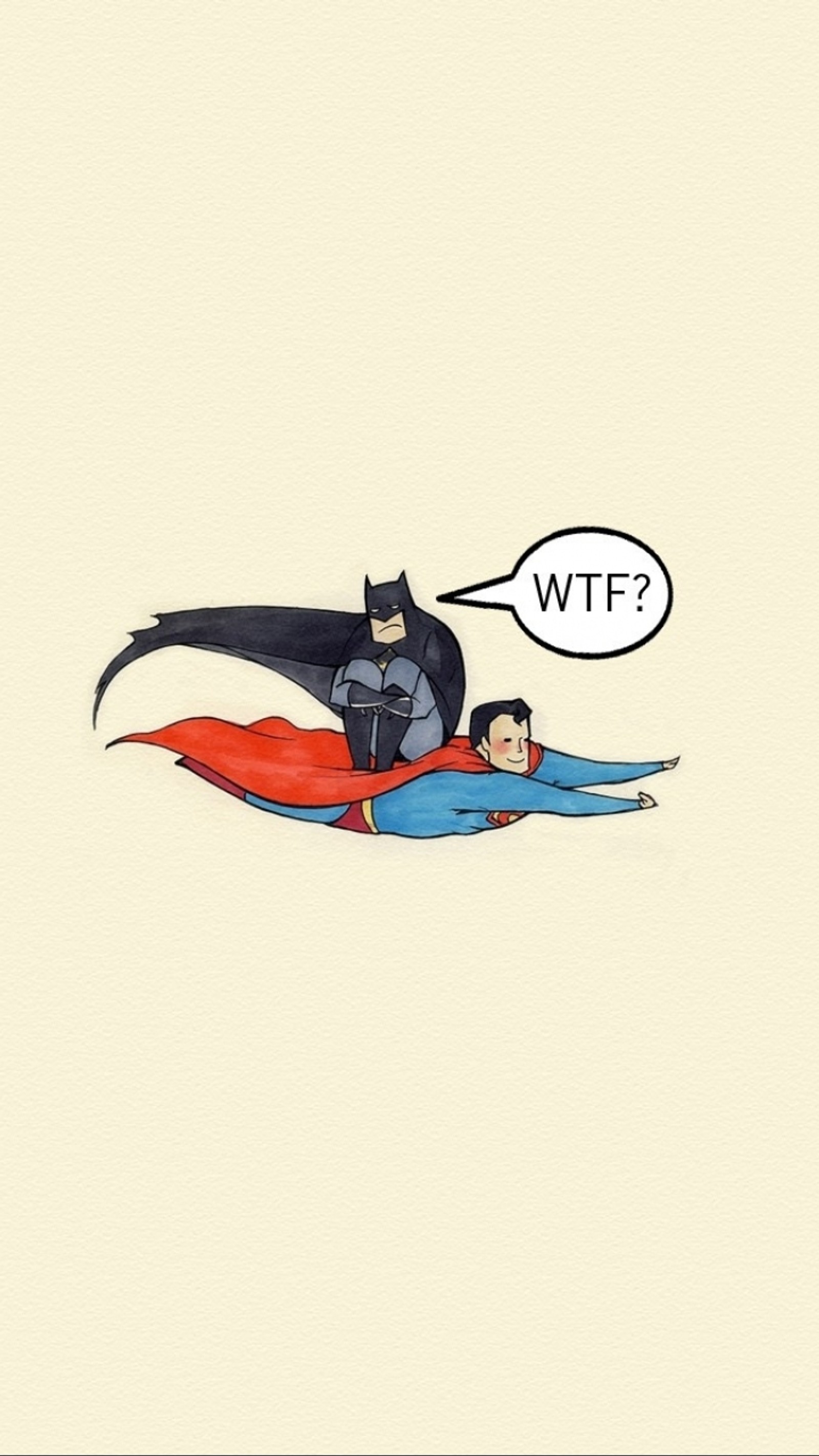 Batman and superman are flying in the air with a speech bubble (funny, humor)