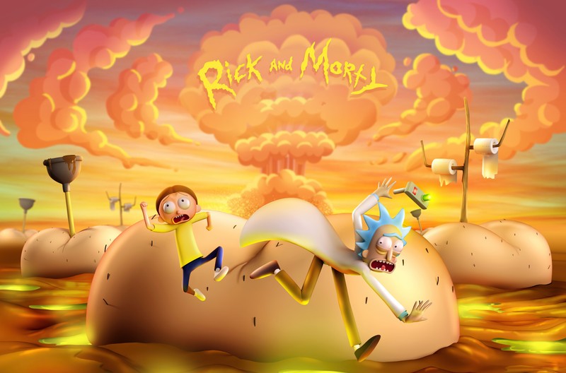 Рик и морти в пустыне с огромным взрывом на заднем плане (рик и морти, rick and morty, 5k, сериал, рик санчез)