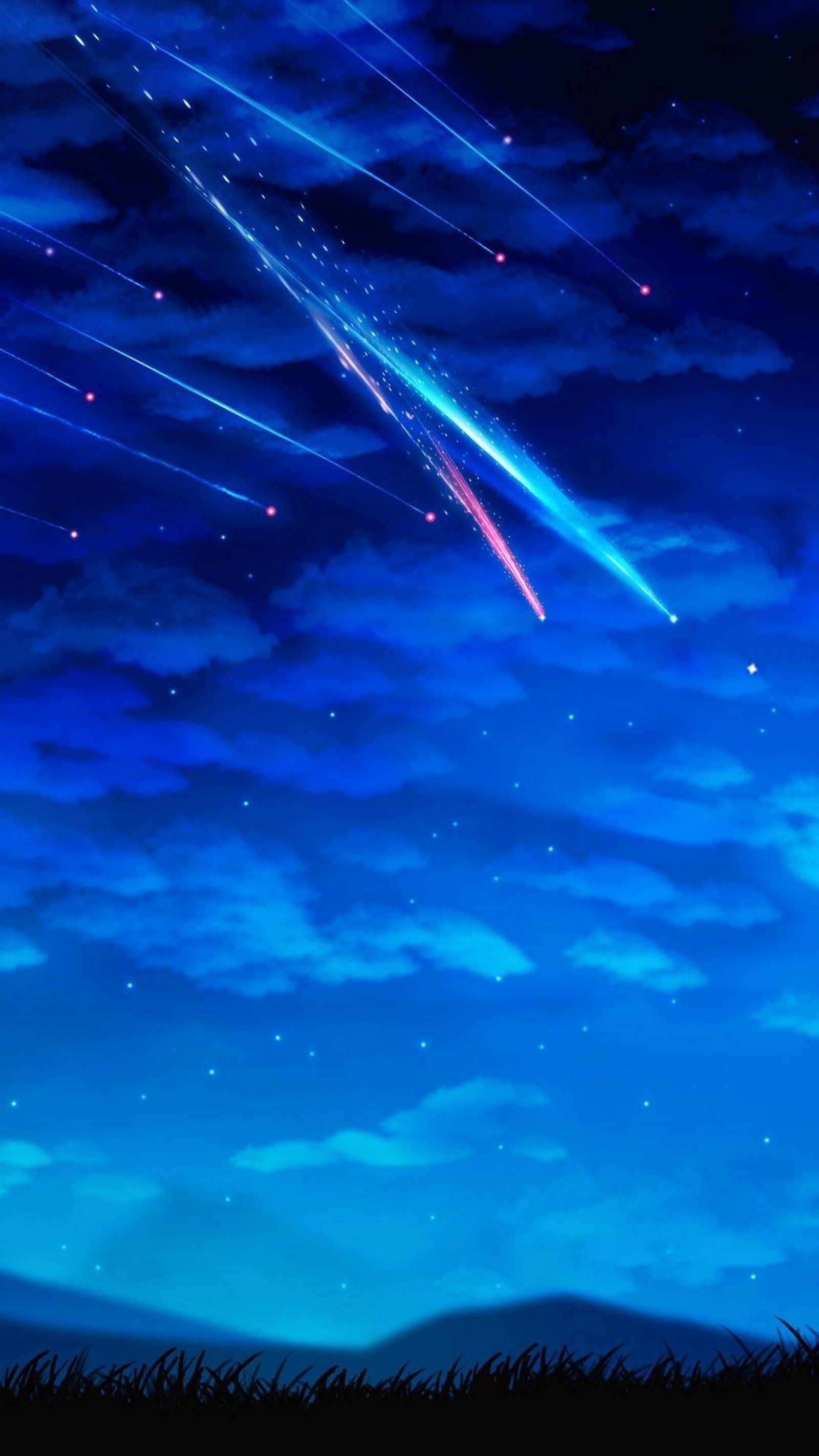 Anime, un chico mirando una estrella fugaz en el cielo (cielo, your name)