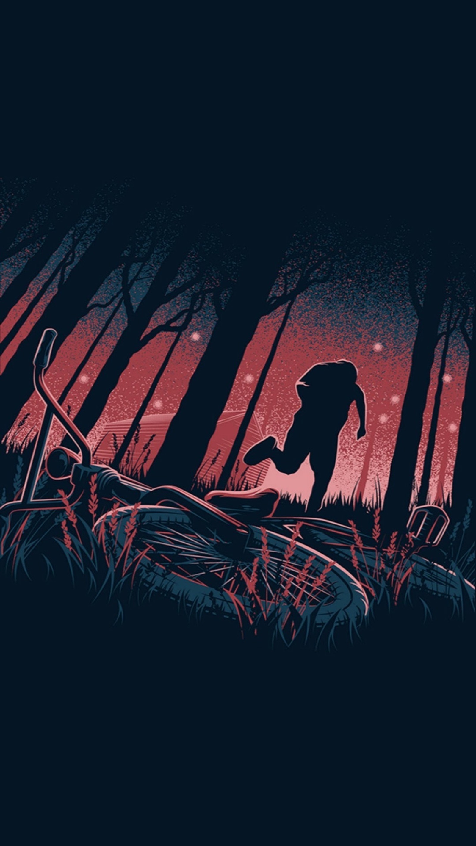 There is a person walking through the woods with a bat (colors, colours, fall, nught, stranger things)