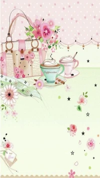 Charming Pink Floral Café Scene with Stylish Accessories