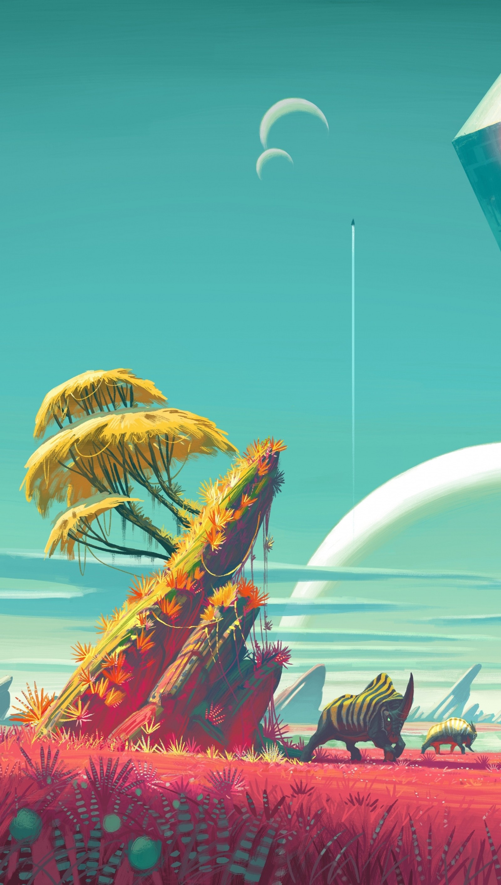 A close up of a painting of a desert with a tree and a spaceship (no mans sky, video game)