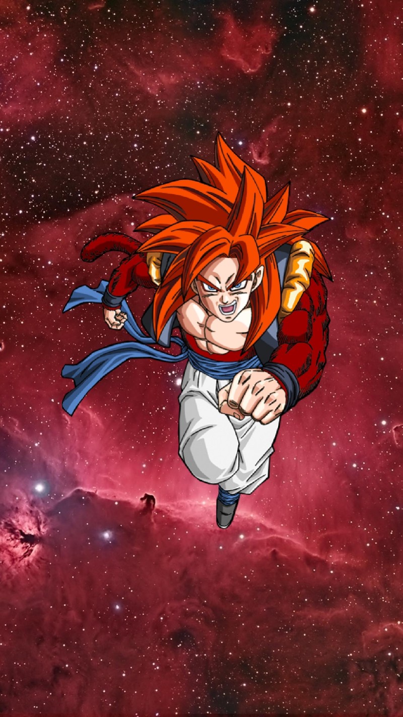 Goku de dragon ball volant à travers l'espace avec un fond rouge (anime, dbgt, dbz)