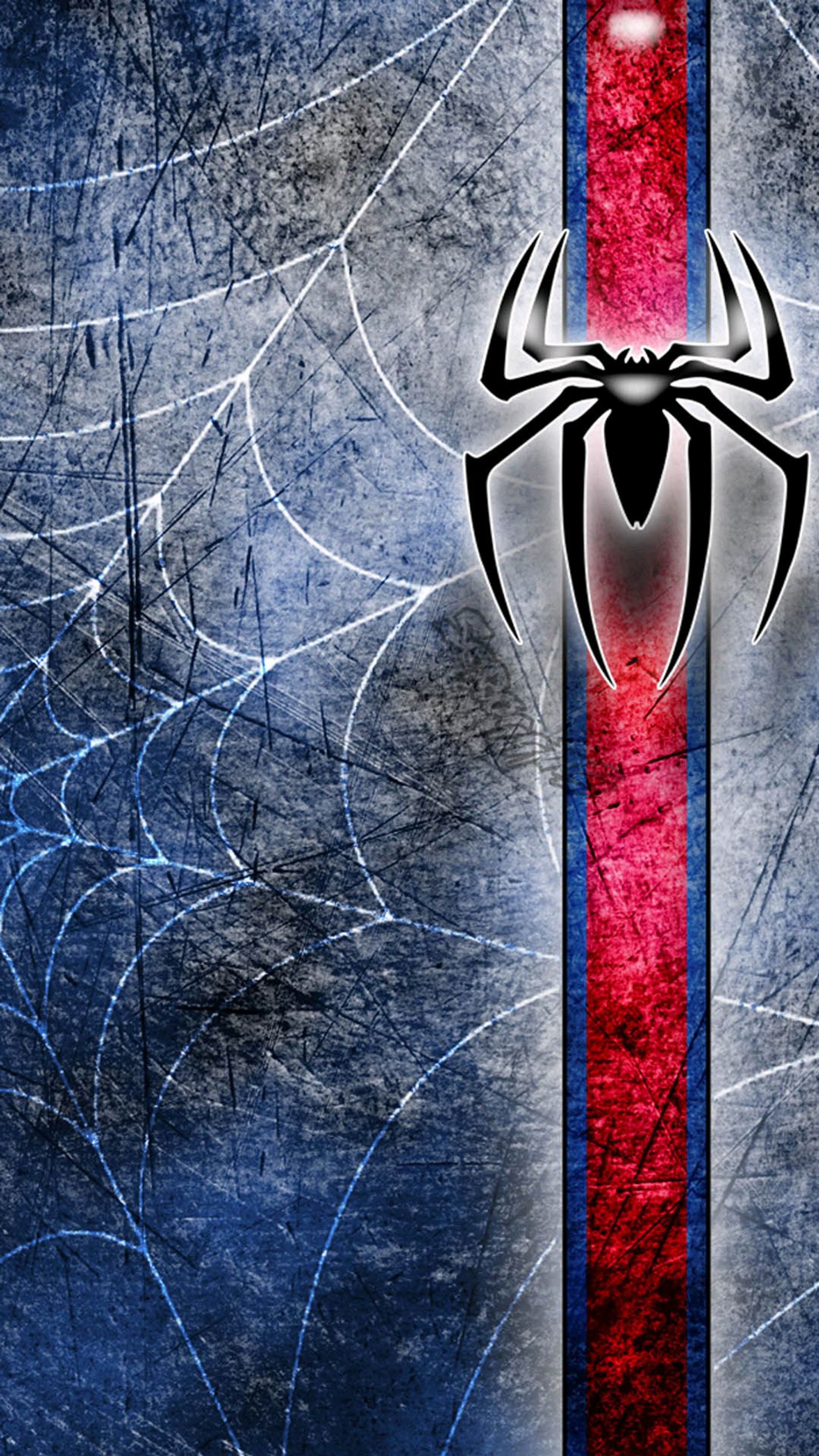 Spider - man logo on a blue and red background with spider webs (hd, wallpaper)