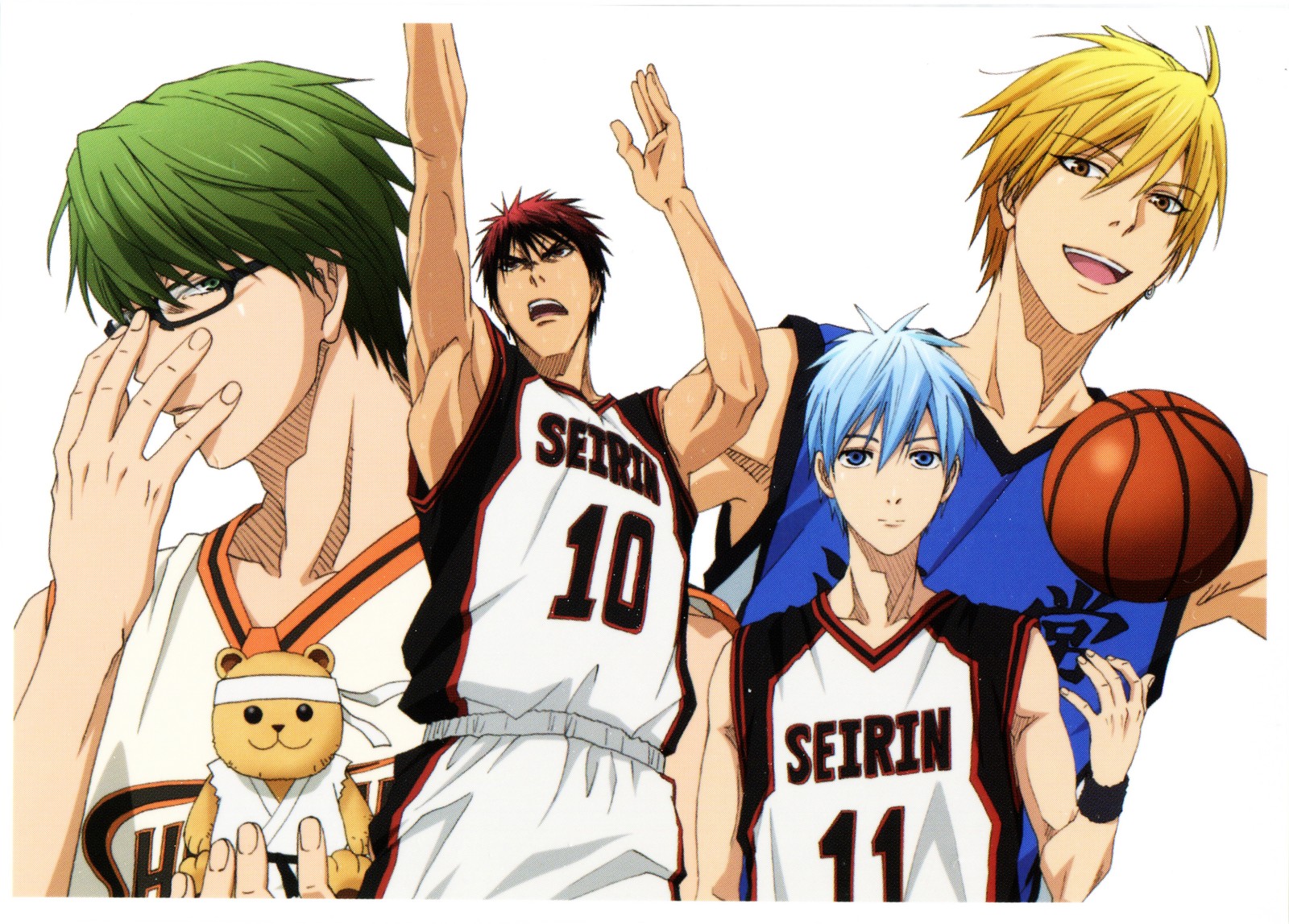 Un grupo de personajes de anime con cabello de diferentes colores y uniformes (tetsuya kuroko, taiga kagami, baloncesto de kuroko, anime, equipo)