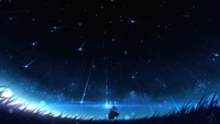 Chica de anime mirando un cielo nocturno estrellado con un cometa