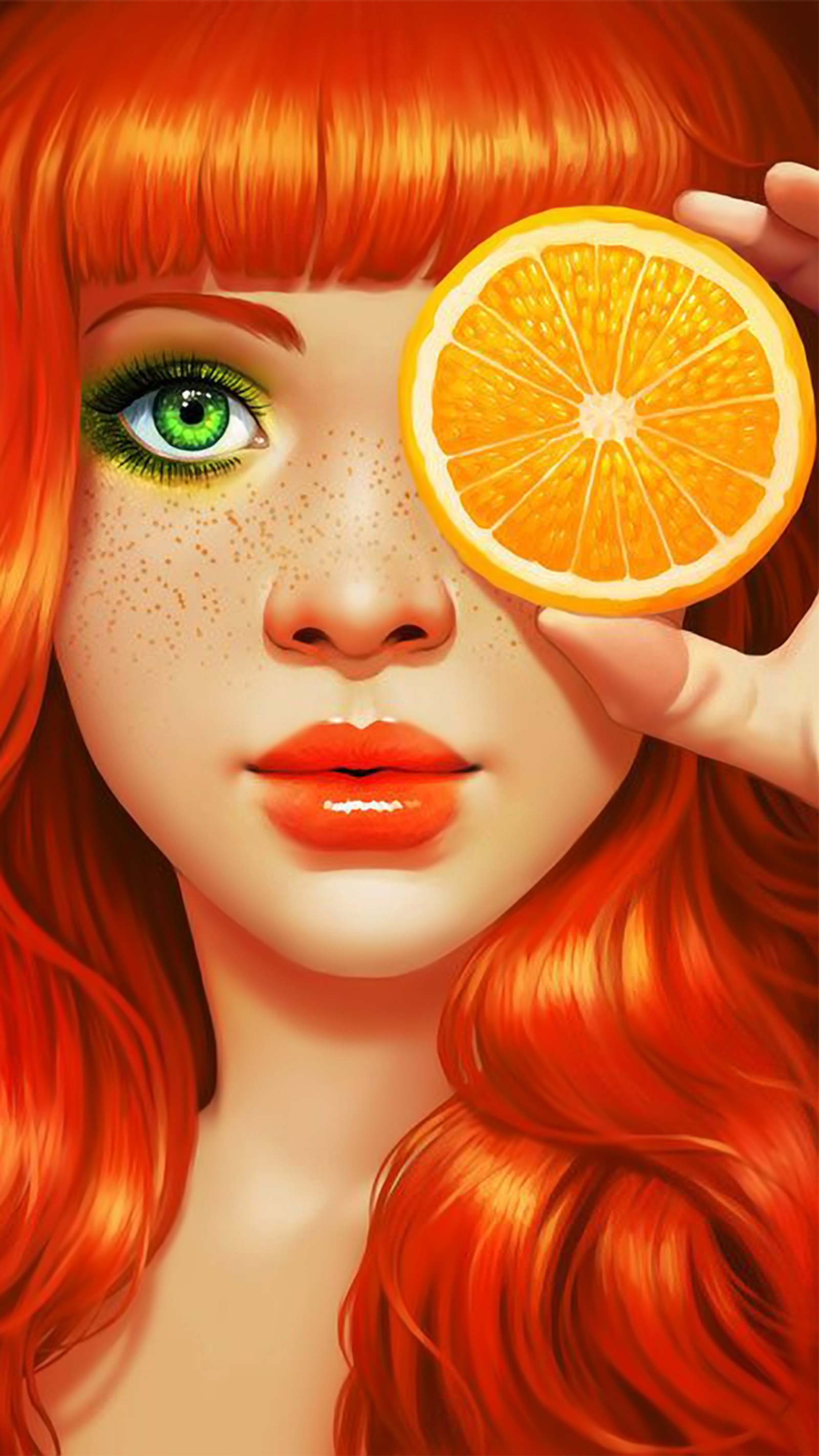 Um close de uma mulher segurando uma fatia de laranja na frente do rosto (anime, arte, laranja)