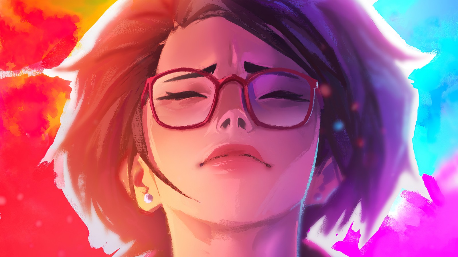 Un primer plano de una persona con gafas sobre un fondo colorido (life is strange true colors, videojuego, alex chen)