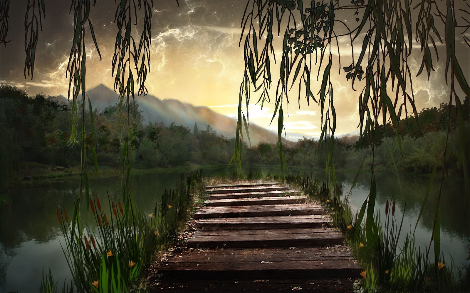 Arafed wooden bridge over a lake with a mountain in the background (river, nature, water, reflection, tree)