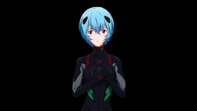 Rei Ayanami in a striking pose against a black background, showcasing vibrant colors and detailed anime design.