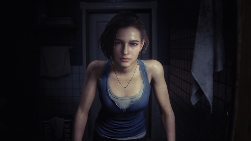 Размытая женщина в темной комнате с ножом в руке (джилл валентайн, jill valentine, resident evil 3 remake, re3, видеоигра)