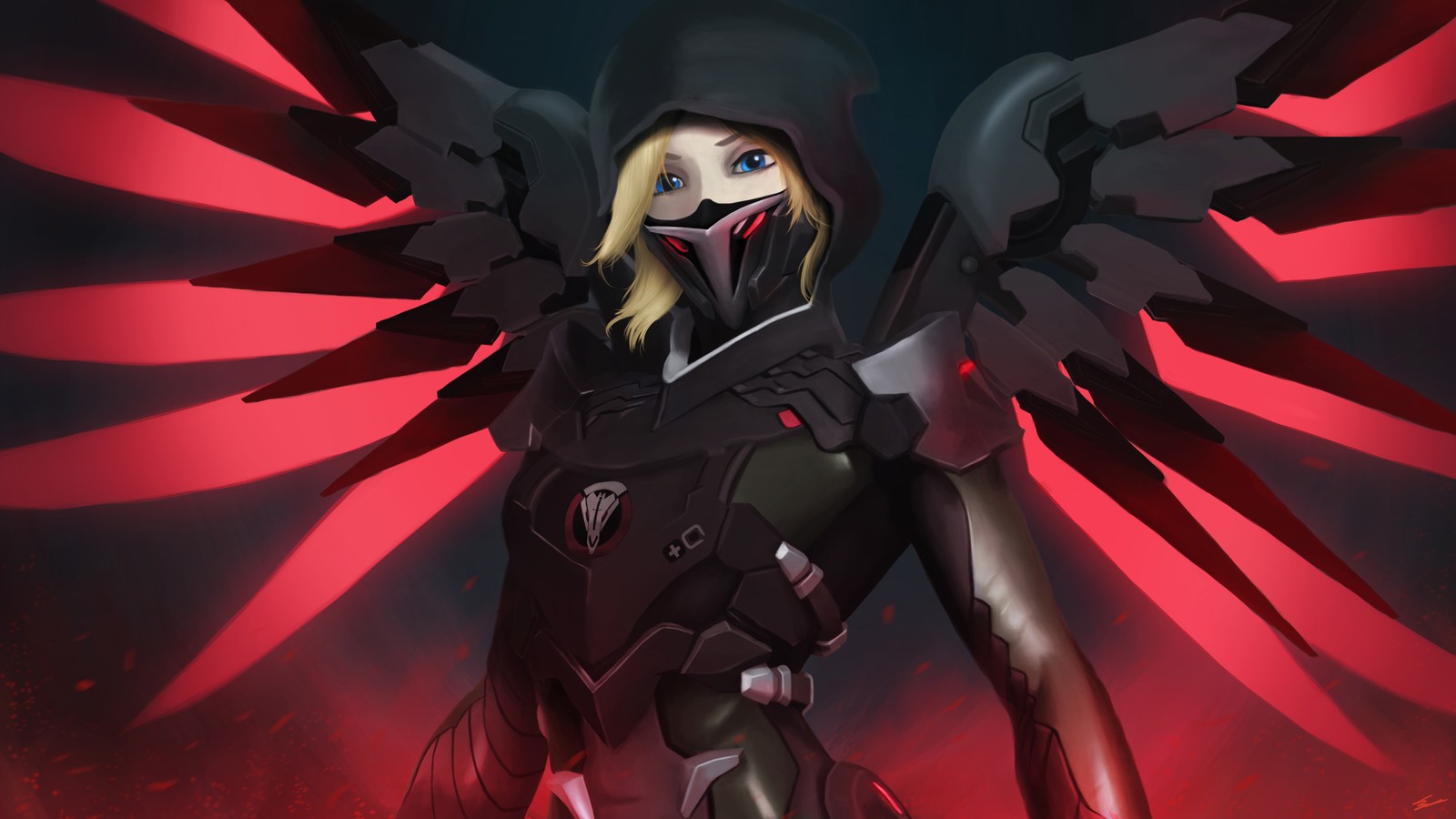 Une femme en tenue noire et rouge avec des ailes (blackwatch, miséricorde, overwatch, jeu vidéo)