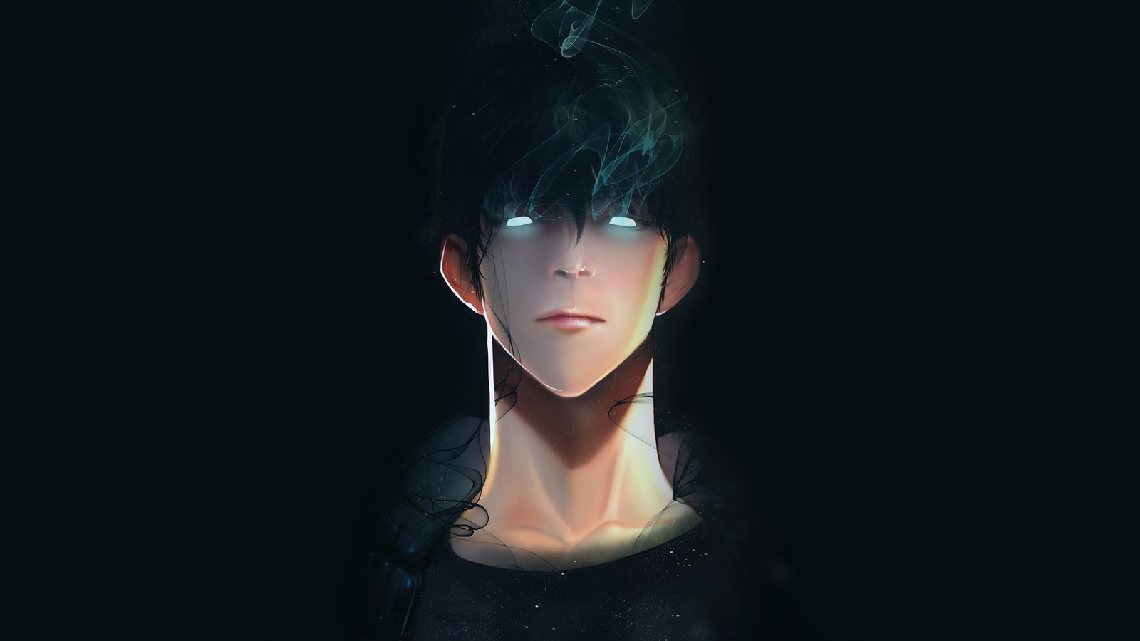 Anime, boy, eyes, hair, smoke, black background, black background (sung jinwoo, 성진우 sung jin woo, solo leveling, manhwa)