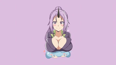 Shion from "That Time I Got Reincarnated as a Slime" holding a slime, set against a pastel purple background.