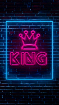 Neon 'KING' Sign with Crown on Brick Background