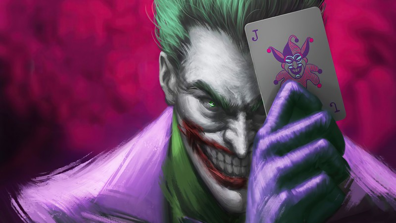 Джокер держит игральную карту на фиолетовом фоне (джокер, joker, dc comics, суперзлодей, комиксы)