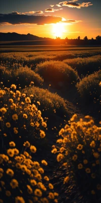 Golden Sunflowers in a Tranquil Grassland at Sunset