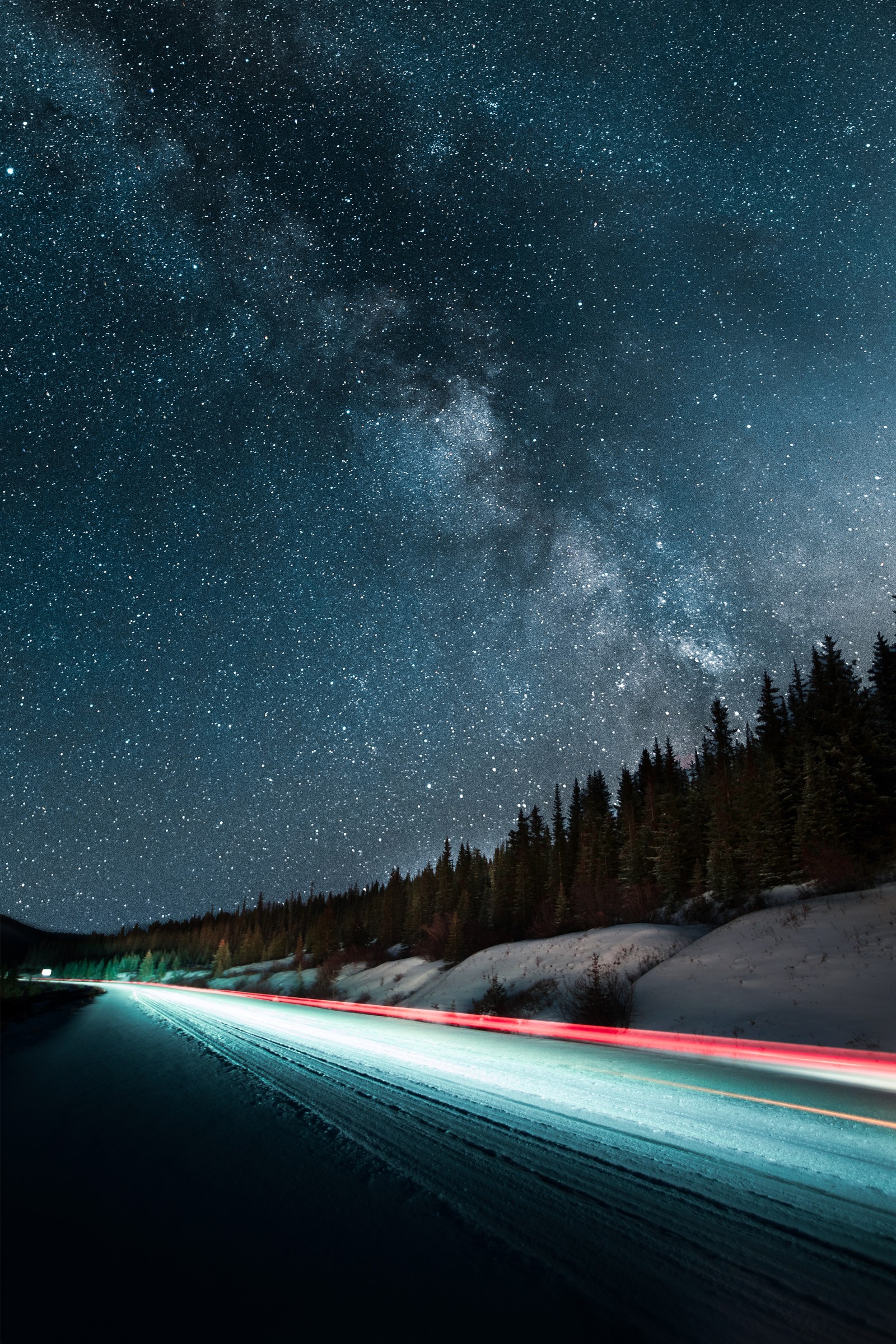 Céu noturno com estrelas e a via láctea sobre uma estrada com árvores (noite, estrada, atmosfera, árvore, espaço)