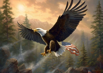 Bald Eagle Soaring with the American Flag Against a Majestic Landscape for 4th of July Celebrations